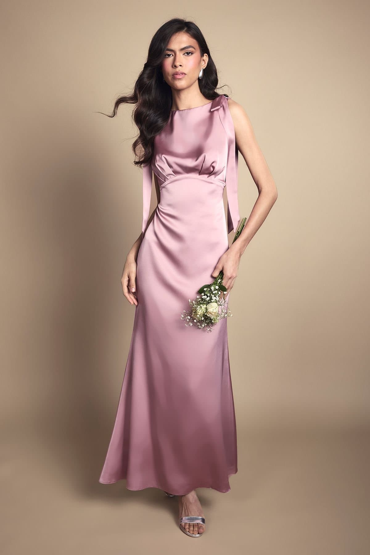 Coast Coast Women's Honoured Sleeveless High Neck Tie Shoulder Satin Maxi Bridesmaid Dress in Antique Rose