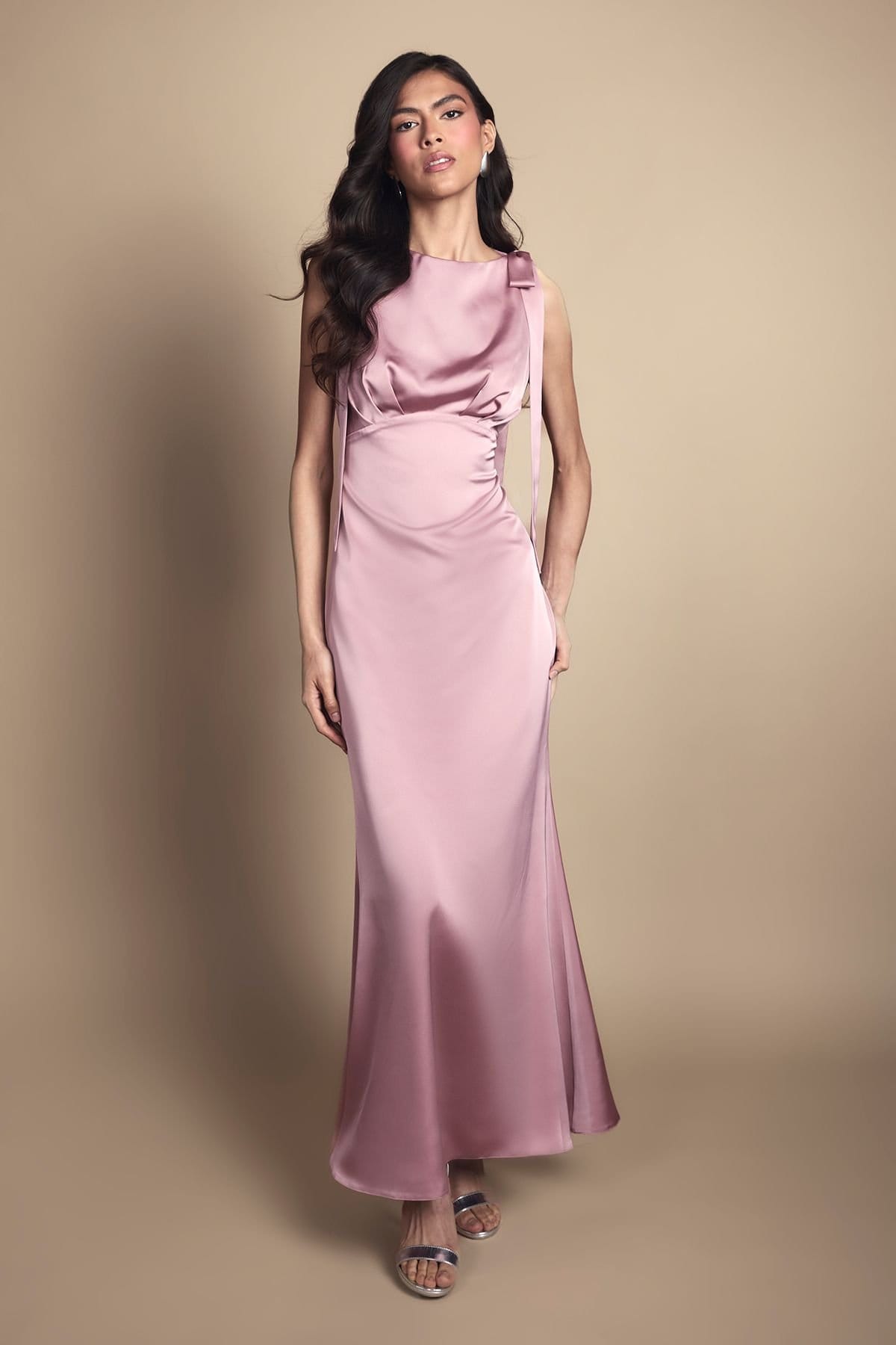 Coast Coast Women's Honoured Sleeveless High Neck Tie Shoulder Satin Maxi Bridesmaid Dress in Antique Rose - 4