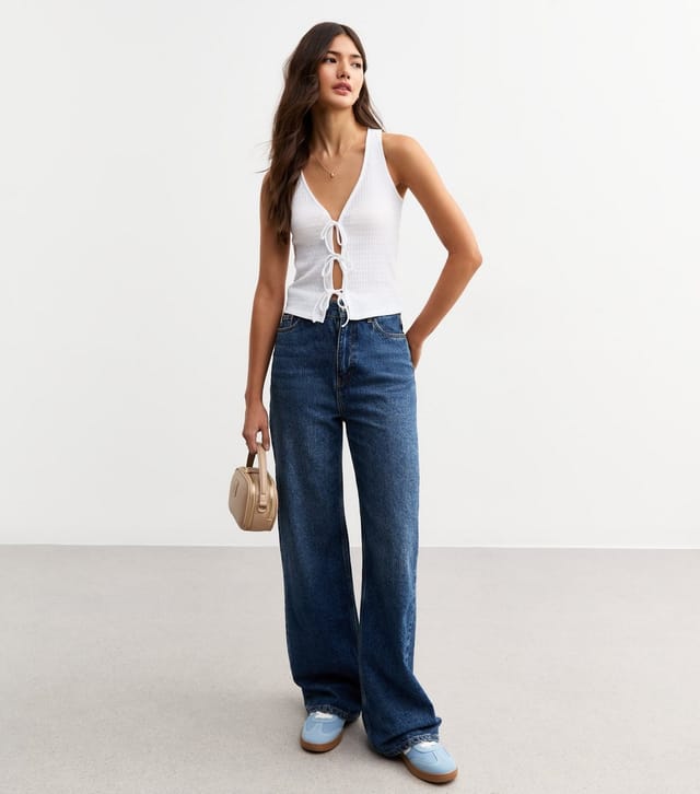 New Look Women's White Ribbed Pointelle Effect Tie Front Vest New Look - 3