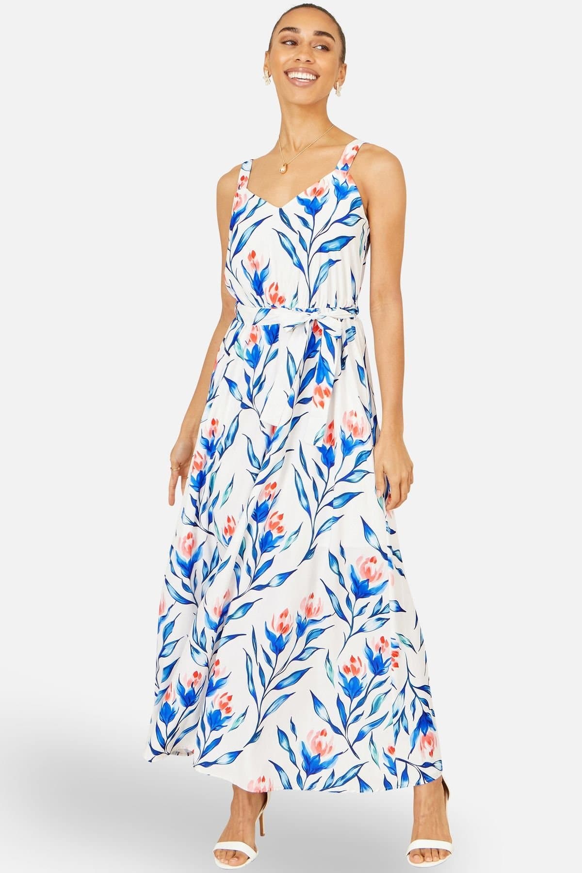 Yumi Yumi Women's Ivory Floral Print Maxi Sun Dress in White