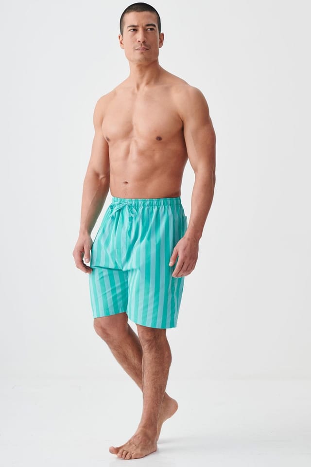 British Boxers British Boxers Men's "New York Turquoise Stripe" Crisp Cotton Sleep Shorts - 2