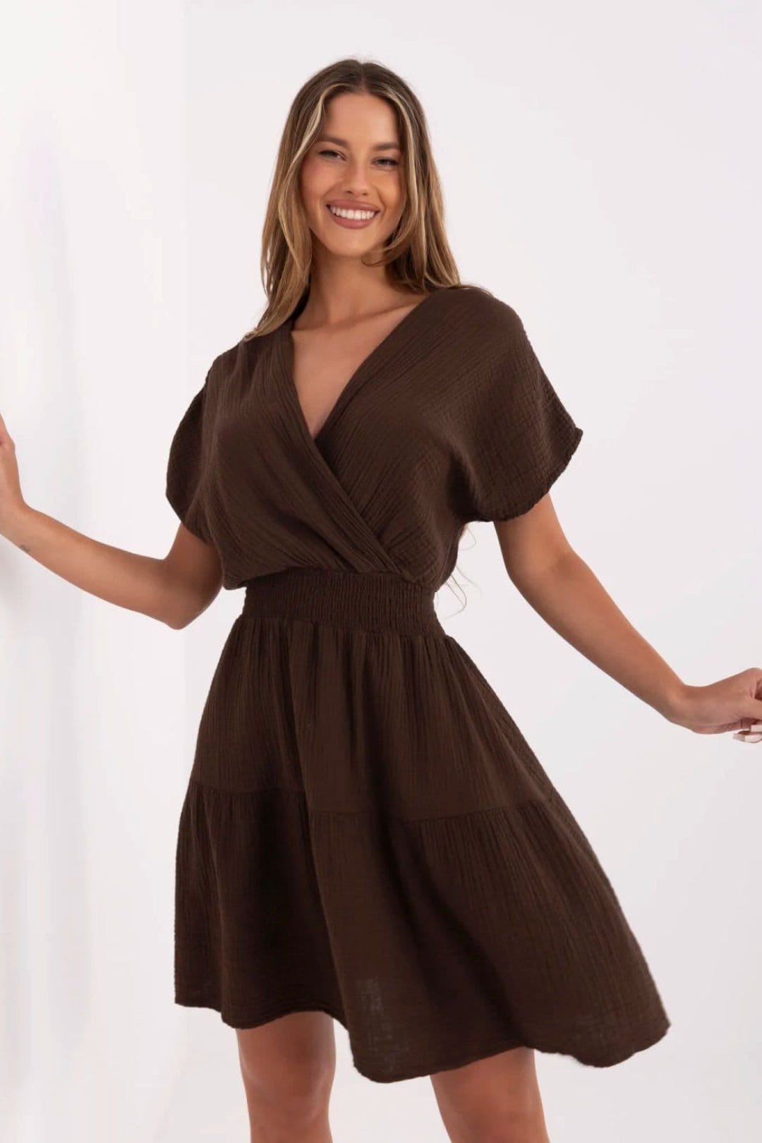 Love Lace Brown Cotton Muslin Wrap Neck Dress
