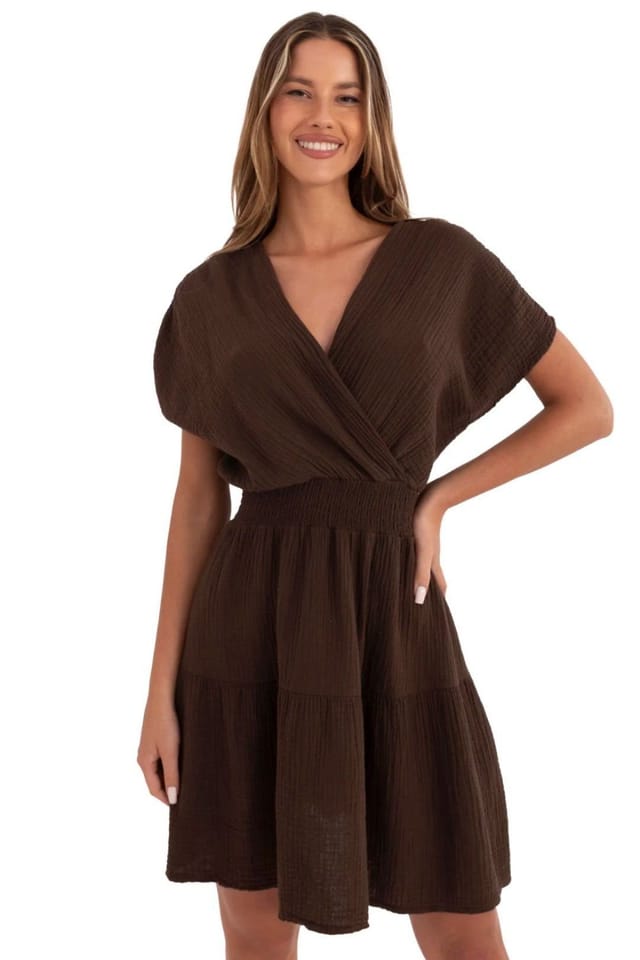Love Lace Love Lace Women's Cotton Muslin Flared Wrap Neck Dress in Brown - 3