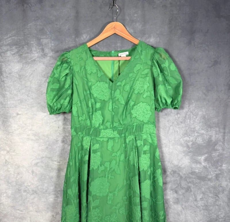Principles Principles Women’s Emerald Green Floral Jacquard Puff Sleeve Midi Dress UK Size 12 BNWT New