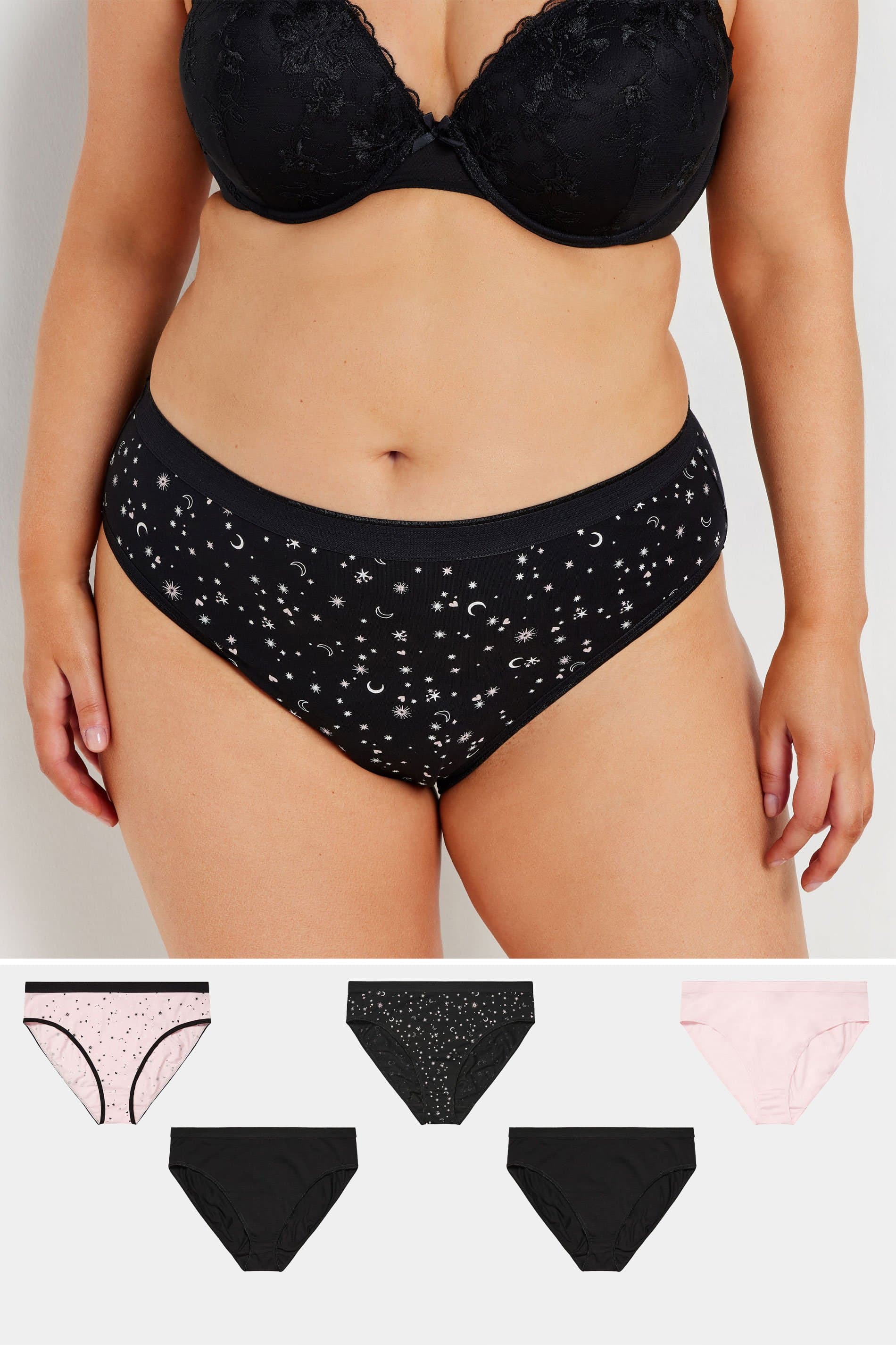 Yours 5 Pack Plus Size Black & Pink Star Print High Leg Knickers