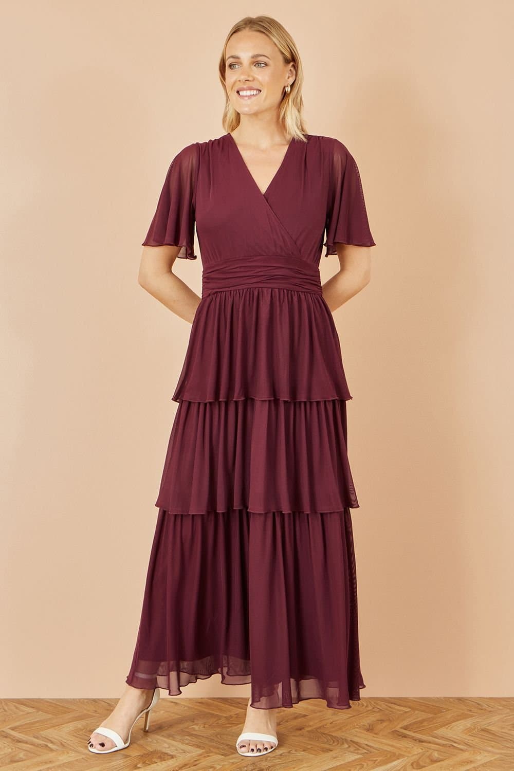 Yumi Yumi Women's Burgundy Mesh Tiered Maxi Dress