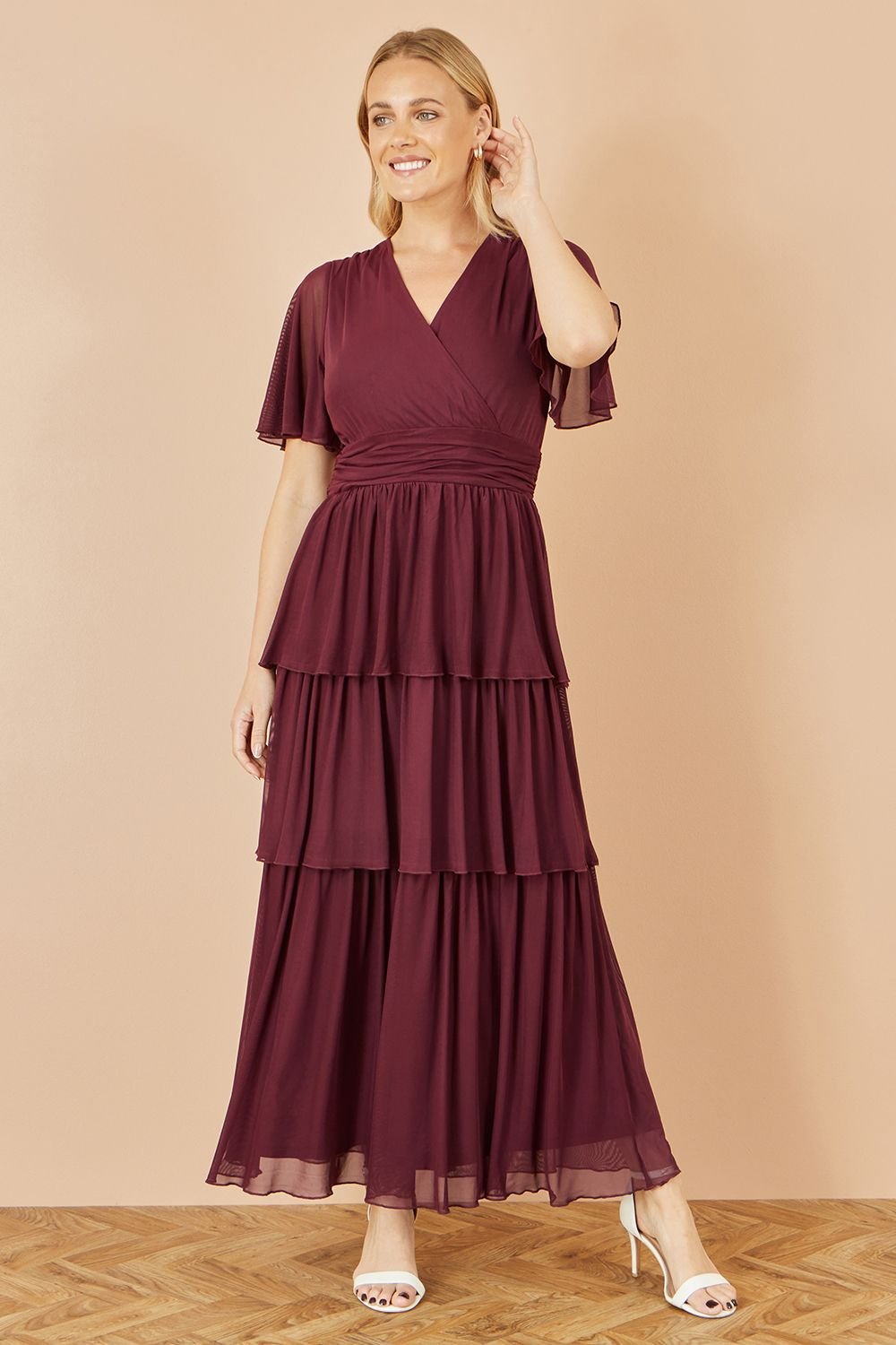 Yumi Yumi Women's Burgundy Mesh Tiered Maxi Dress - 2