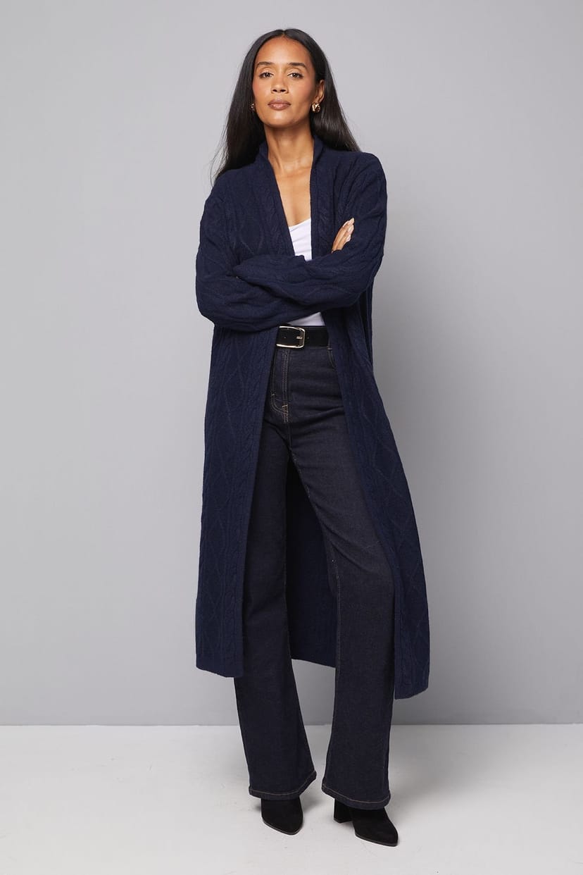 Wallis Wallis Women's Longline Maxi Cable Cardigan in Navy - 1