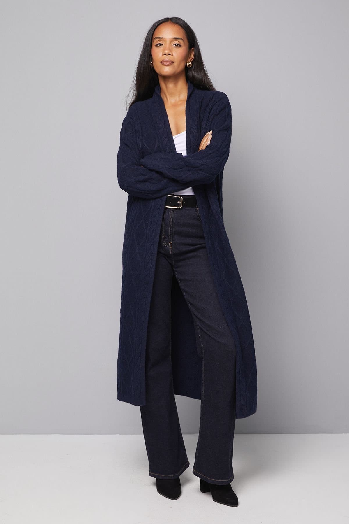 Wallis Wallis Women's Longline Maxi Cable Cardigan in Navy