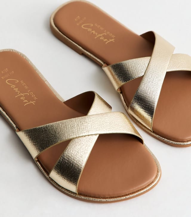 New Look Women's Wide Fit Gold Faux Leather Crossover Mule Sandals Vegan New Look - 3