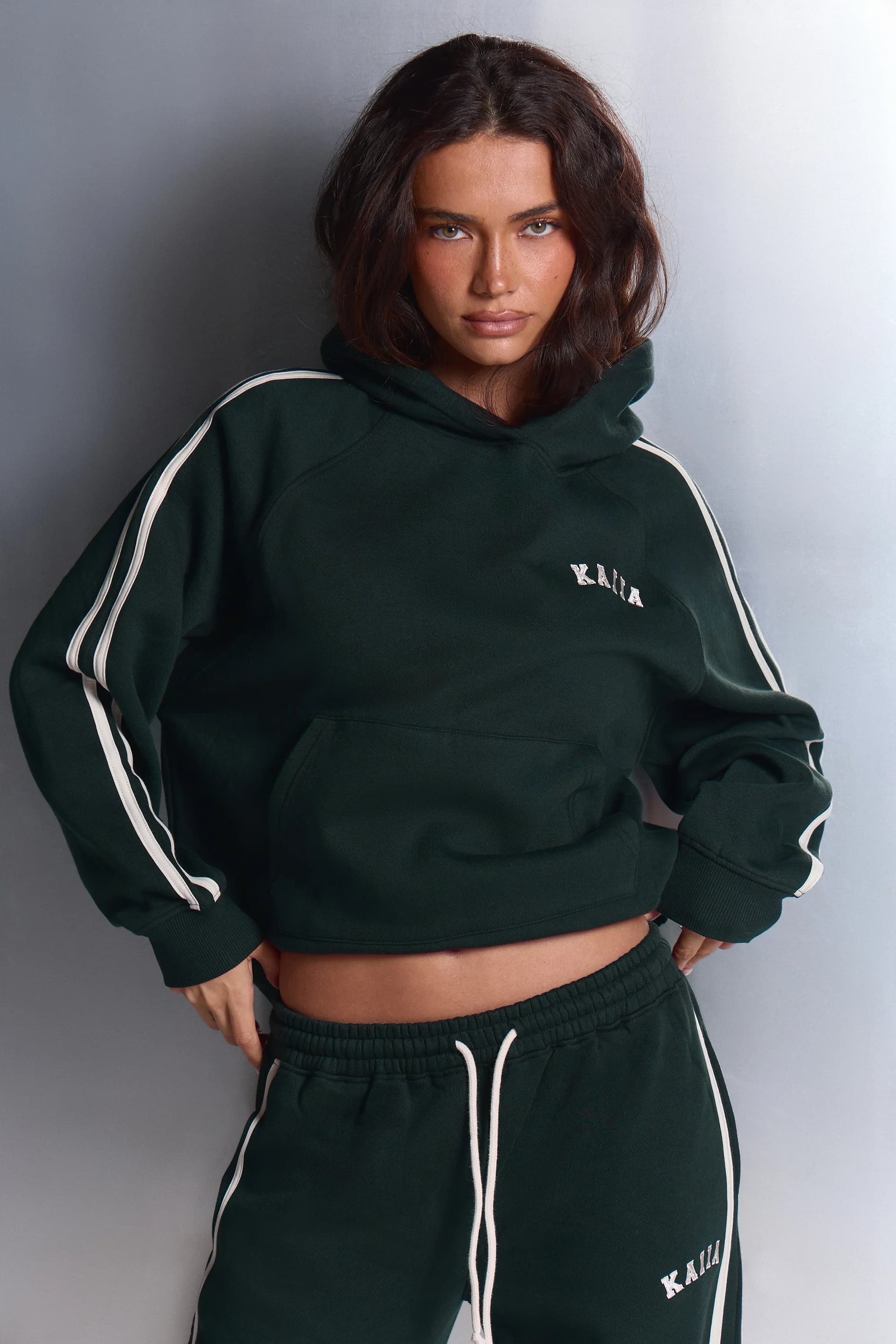 Kaiia Kaiia Sport Side Stripe Oversized Hoodie Dark Pine & White