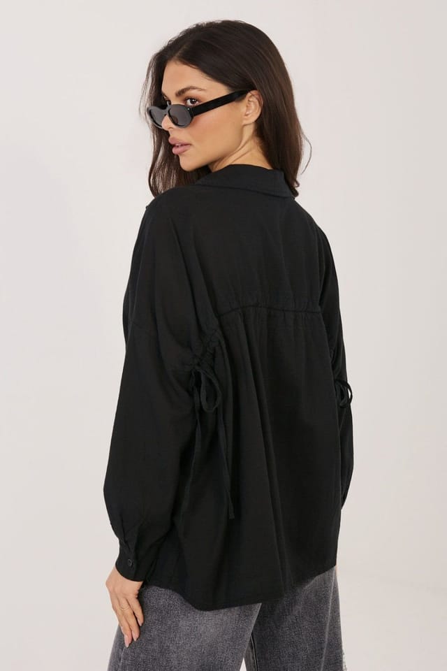 Love Lace Love Lace Women's Long Sleeve Tie Back Lyocell Linen Cotton Shirt in Black - 3
