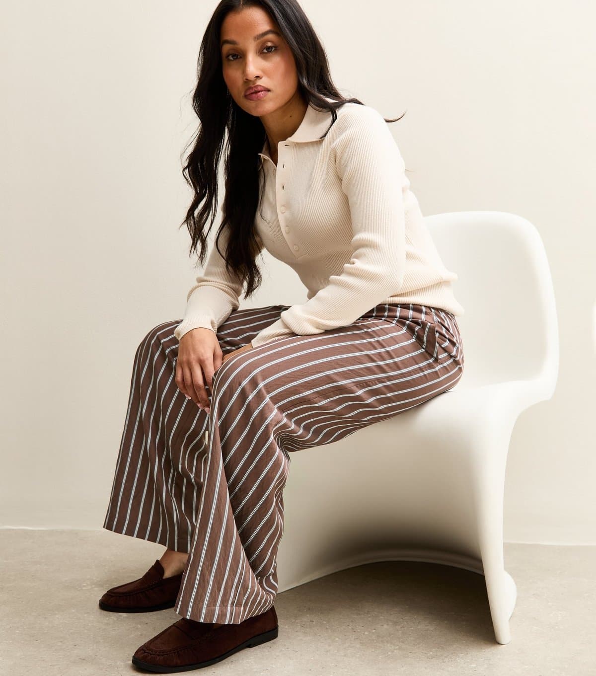 New Look Women's Petite Brown Striped Drawstring Wide Leg Trousers New Look