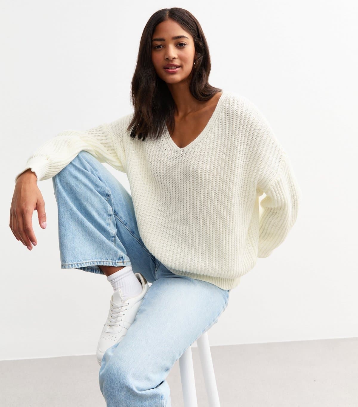 Gini London Gini London Cream V Neck Chunky Knit Jumper