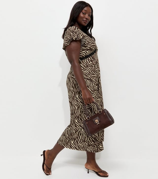New Look Women's Plus Size Brown Zebra Flutter Lace Trim Midi Dress Curves New Look - 2