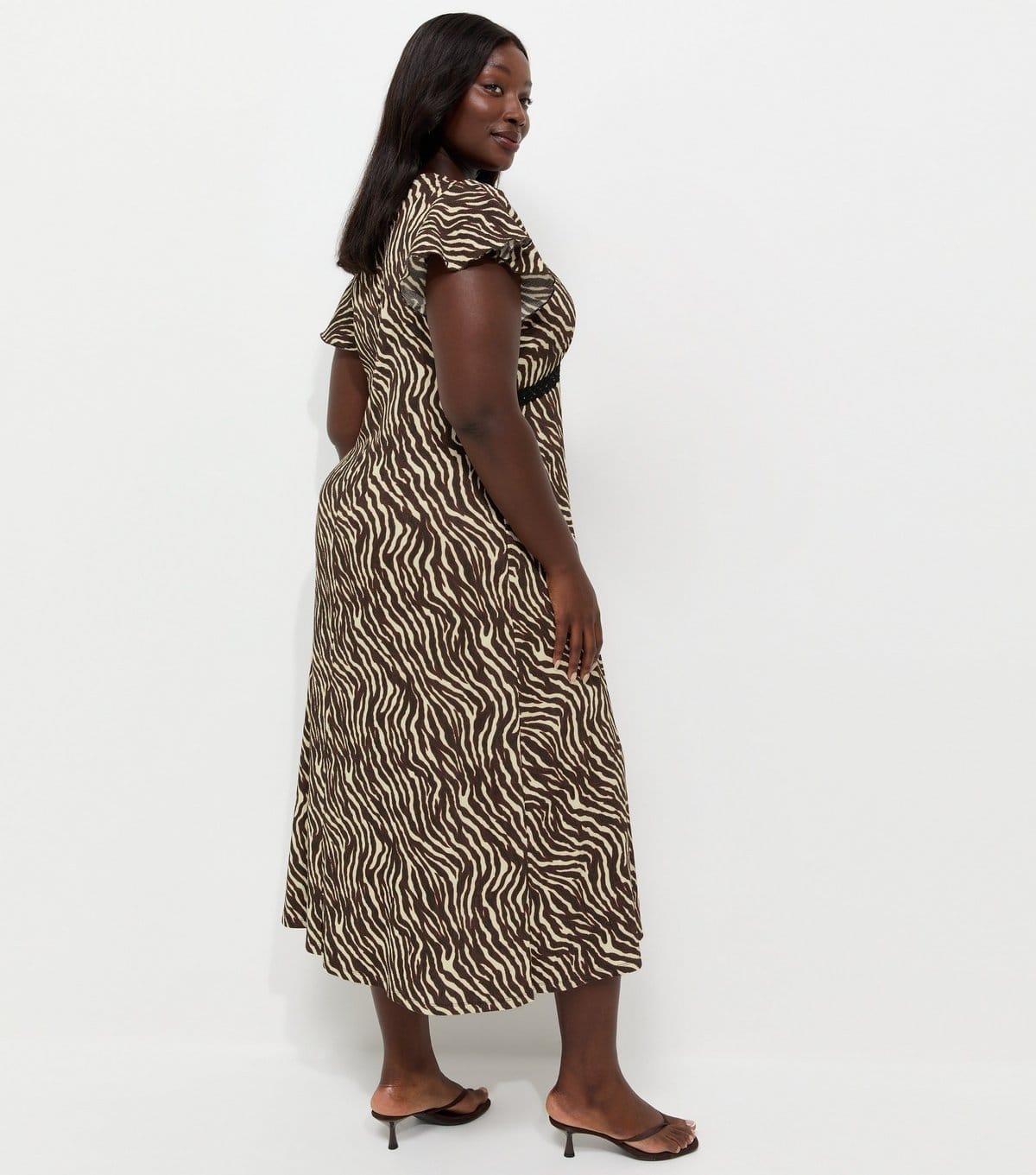 New Look Women's Plus Size Brown Zebra Flutter Lace Trim Midi Dress Curves New Look - 4