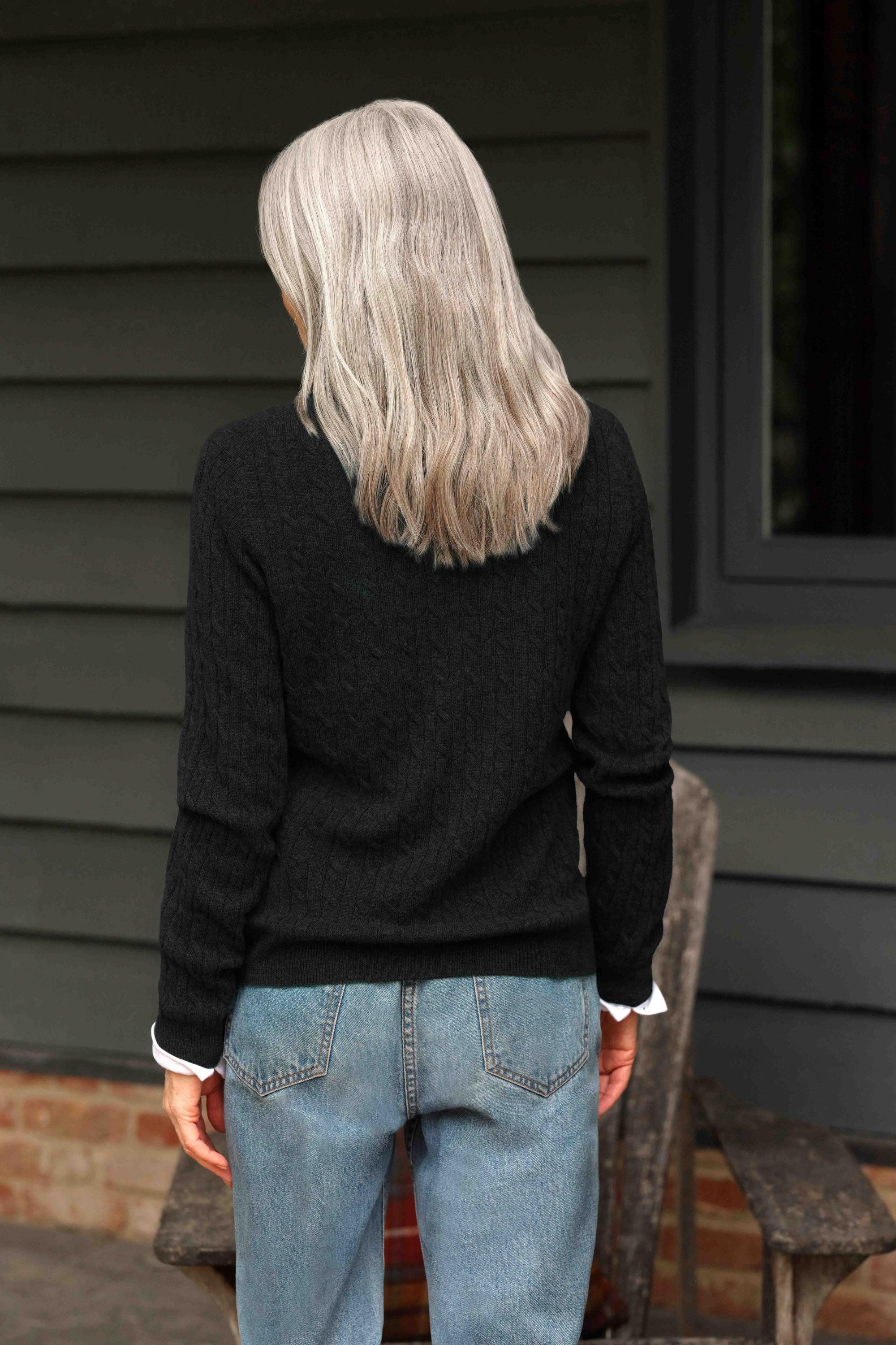 WoolOvers WoolOvers Women's Cashmere Merino Cable Crew Neck Jumper in Black - 3