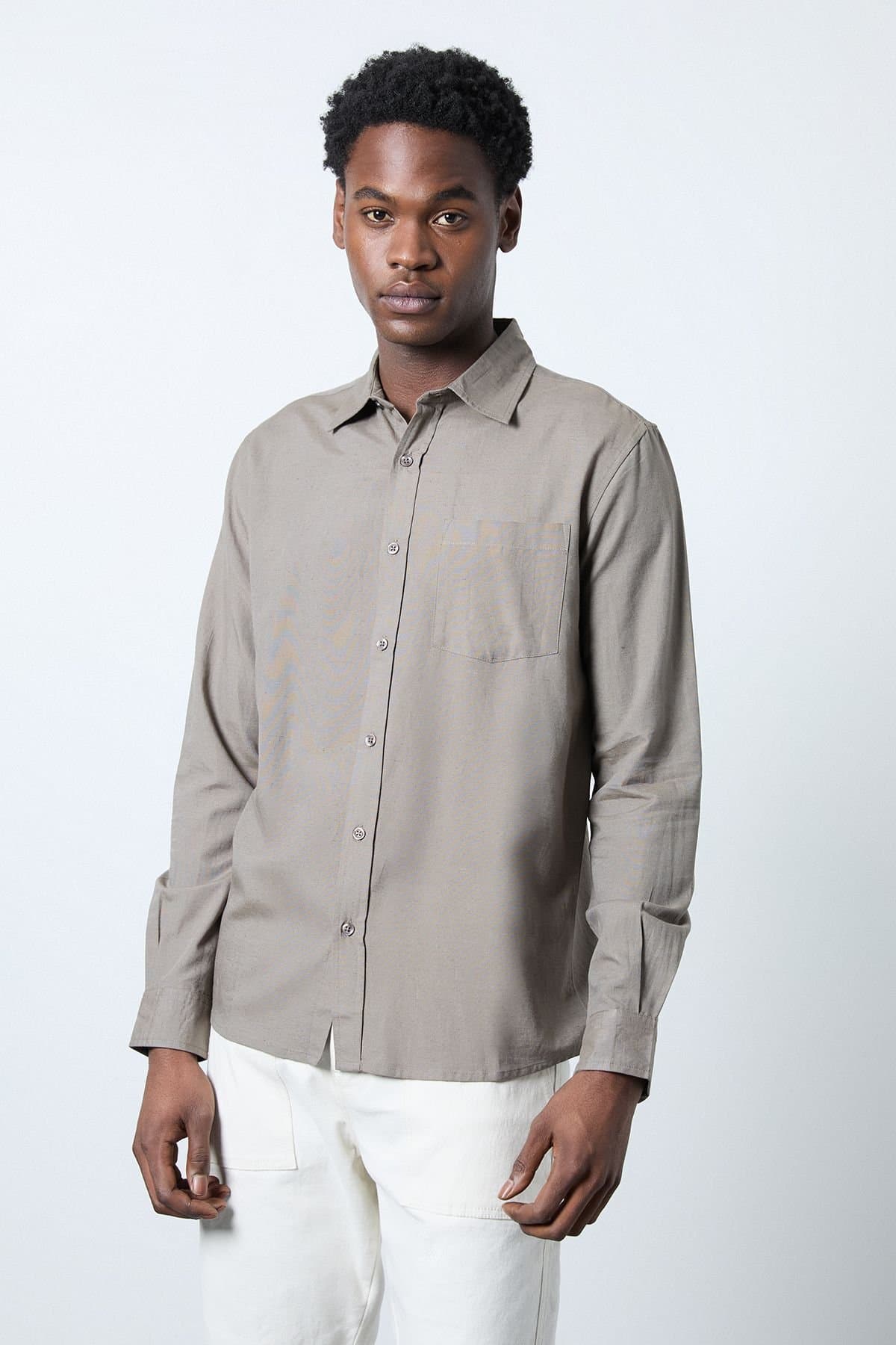 Burton Burton Men's Khaki Linen Blend Long Sleeve Shirt