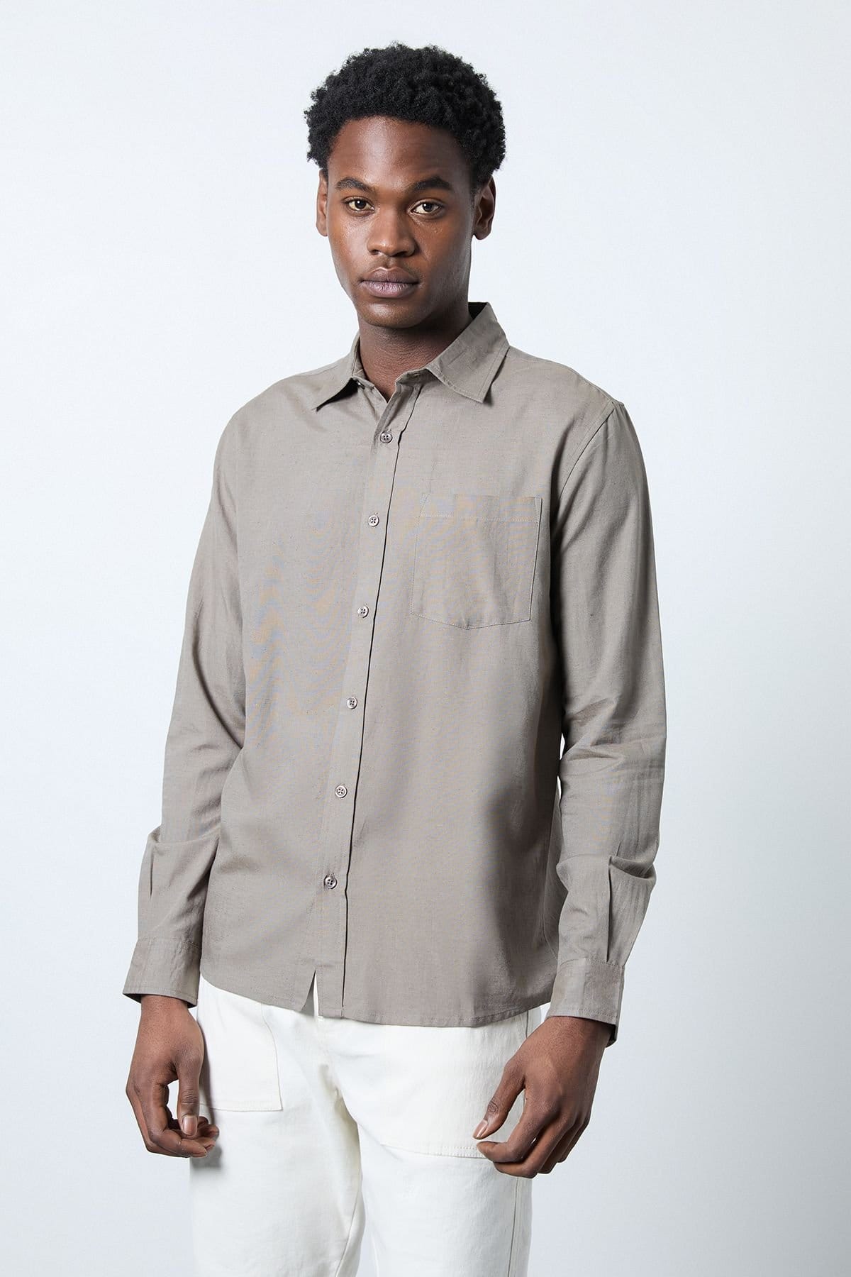 Burton Men's Khaki Linen Blend Long Sleeve Shirt