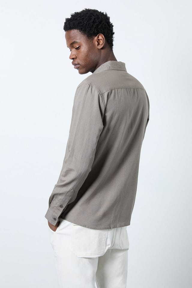 Burton Burton Men's Khaki Linen Blend Long Sleeve Shirt - 3