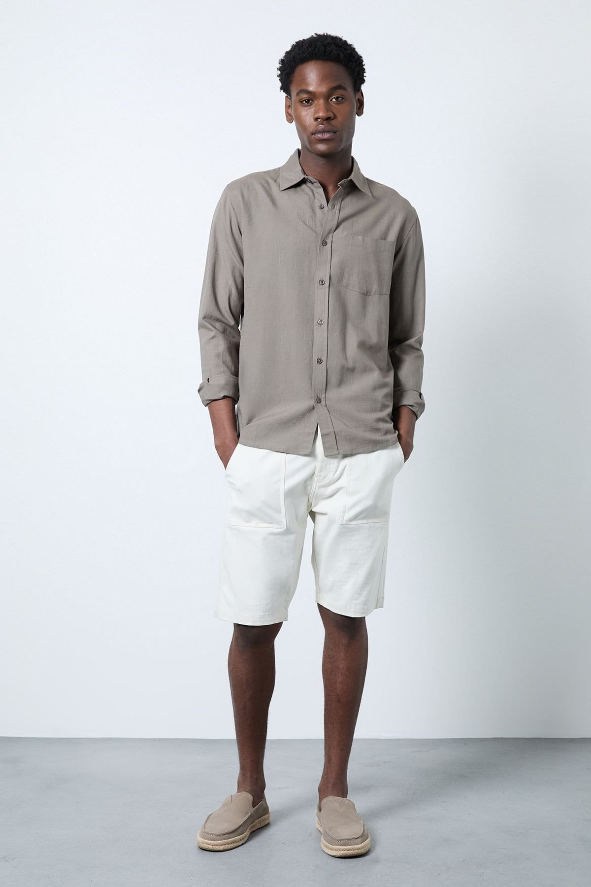 Burton Burton Men's Khaki Linen Blend Long Sleeve Shirt - 4