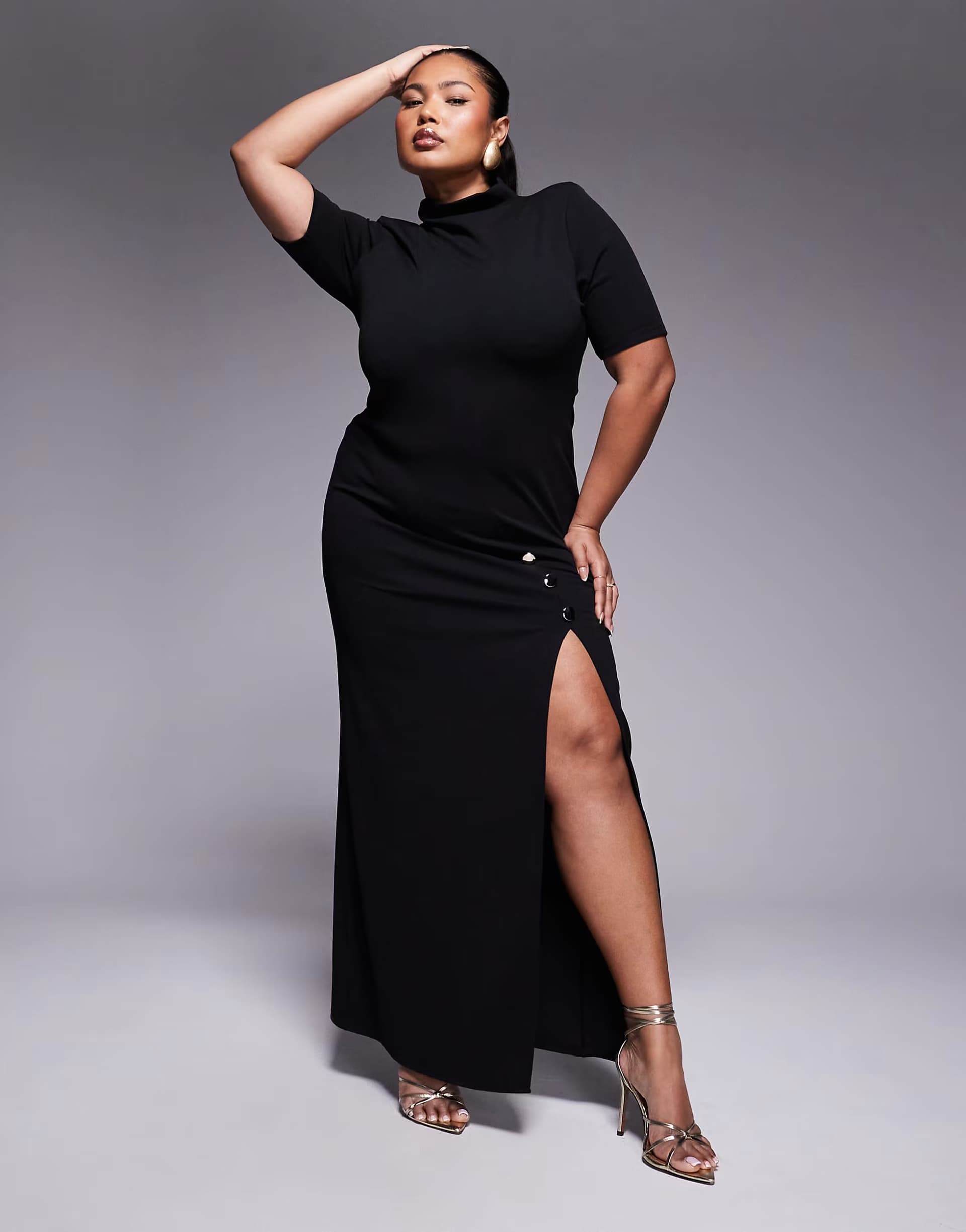 ASOS ASOS DESIGN Curve high neck maxi pencil dress with short sleeves and large gold button detail split in black