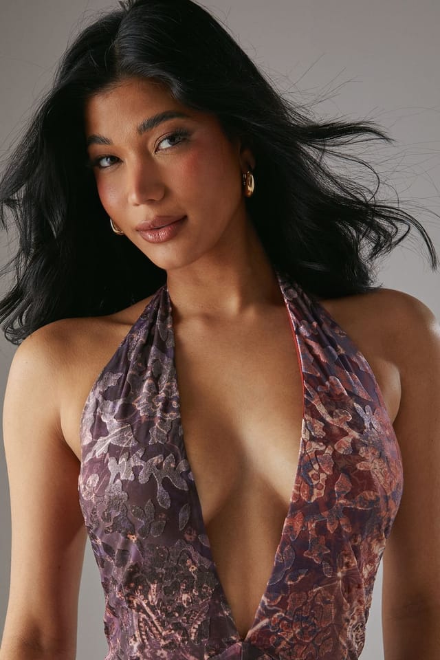 Warehouse Warehouse Women's HCD Paisley Devore Plunge Neck Halter Jumpsuit in Rust - 2