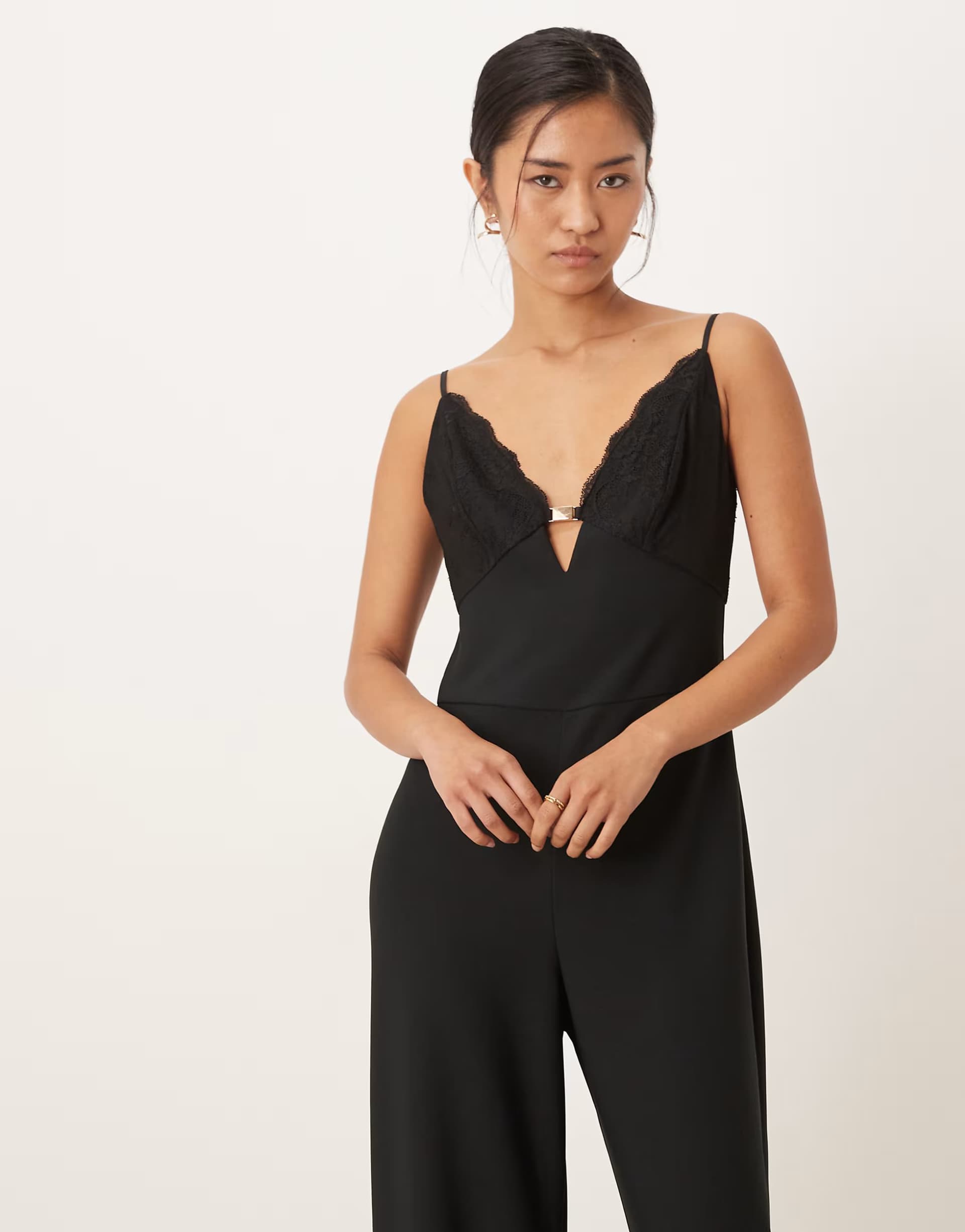 ASOS Abercrombie & Fitch plunge jumpsuit with lace detail in black