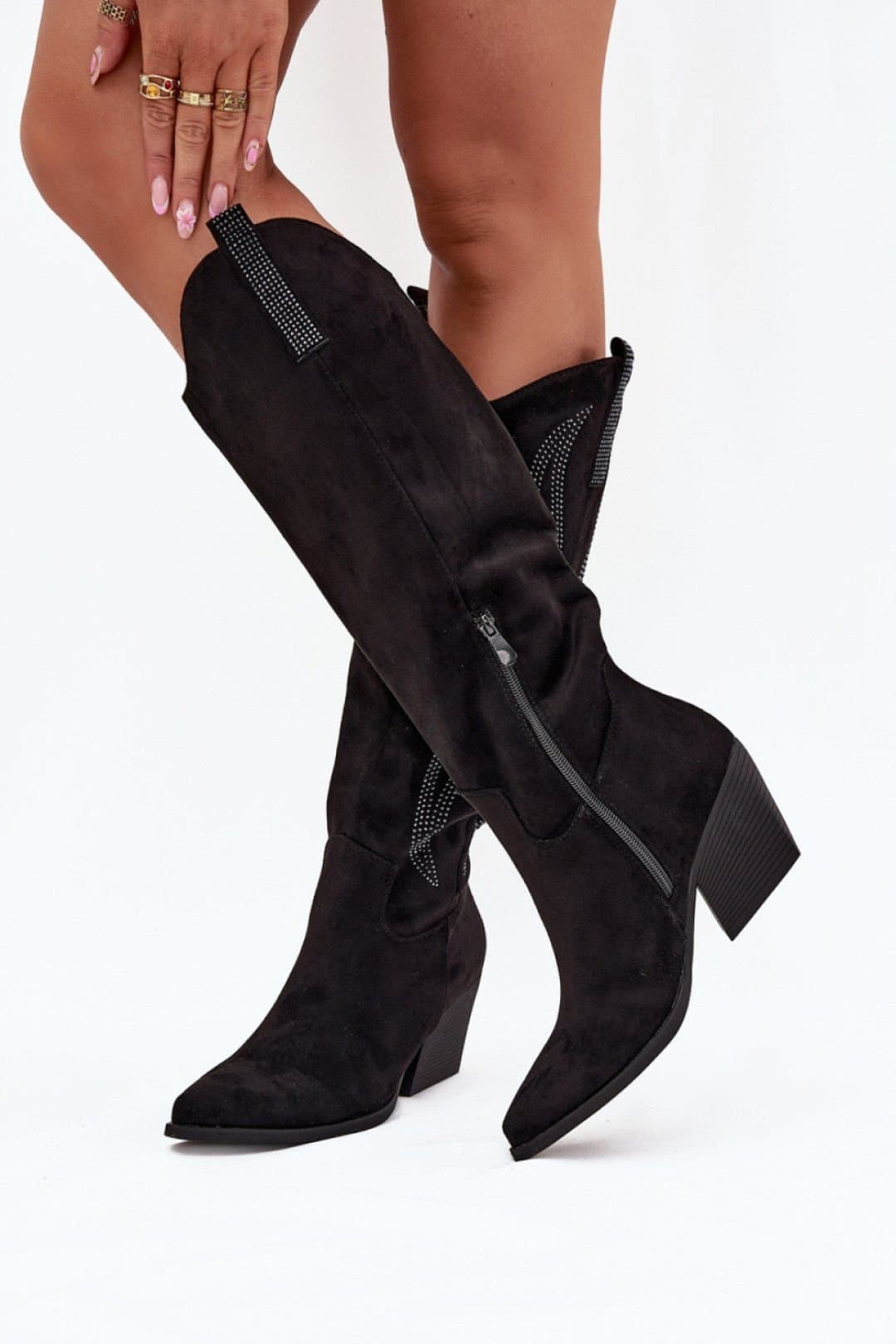 Love Lace Love Lace Women's Knee High Heel Boots Suede Column Heel Pointed Toe Slip On in Black