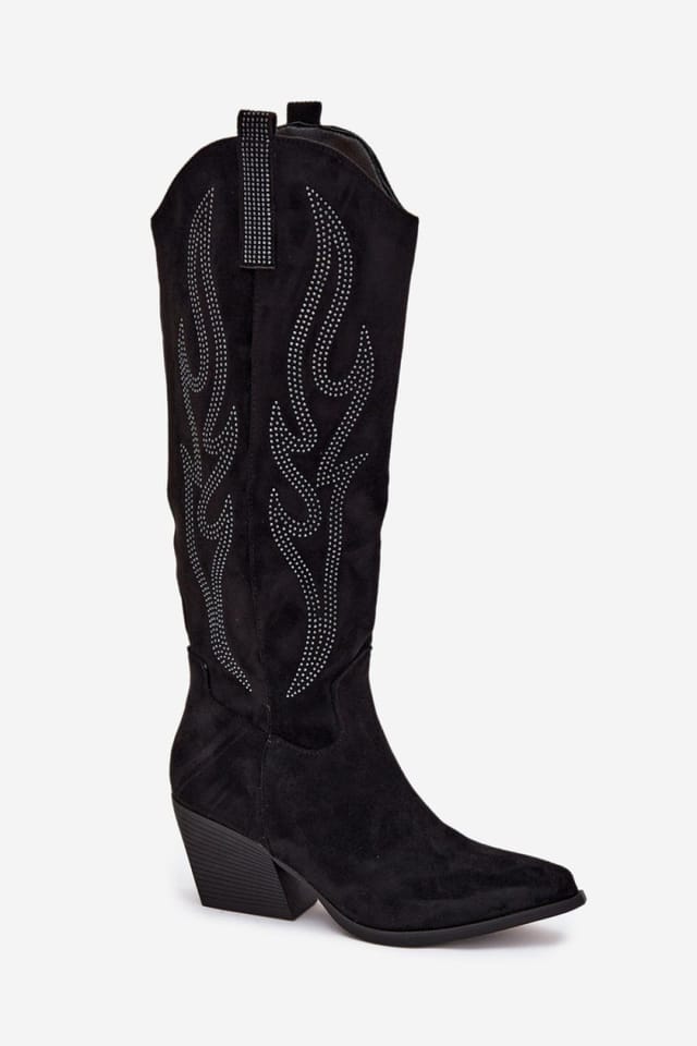 Love Lace Love Lace Women's Knee High Heel Boots Suede Column Heel Pointed Toe Slip On in Black - 2
