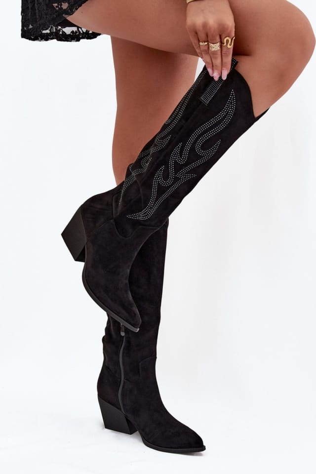 Love Lace Love Lace Women's Knee High Heel Boots Suede Column Heel Pointed Toe Slip On in Black - 3