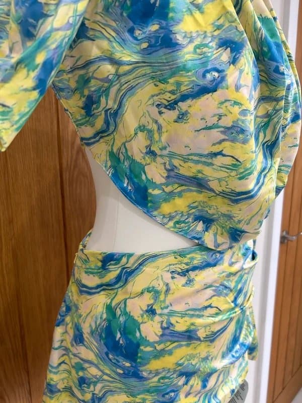 ASOS ASOS Luxe Satin Drape Cut Out Waist Blue Yellow Marble Print Mini Dress Size 10