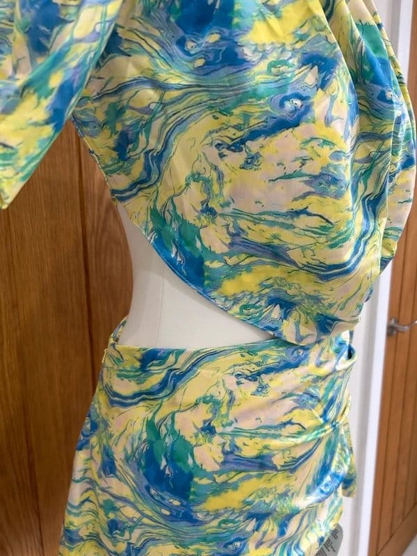 ASOS ASOS Luxe Satin Drape Cut Out Waist Blue Yellow Marble Print Mini Dress Size 10 - 1