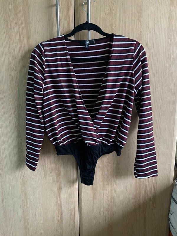 Missguided Purple stripe body suit plunge blouse