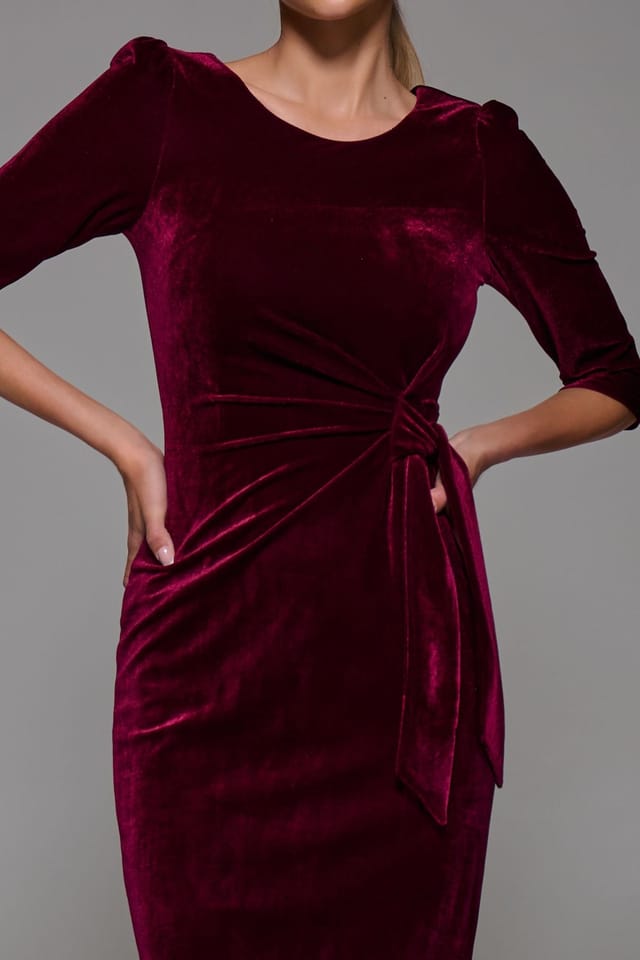 Jolie Moi Jolie Moi Women's Side Tie Velvet Bodycon Dress in Burgundy - 3