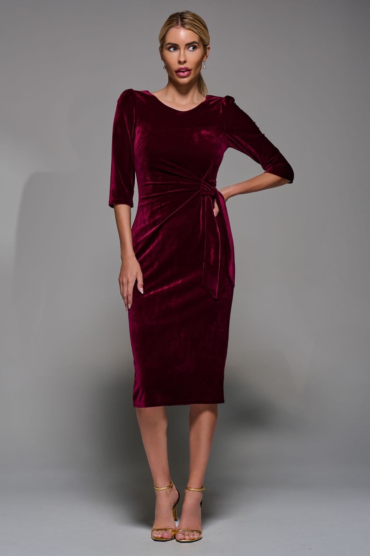 Jolie Moi Jolie Moi Women's Side Tie Velvet Bodycon Dress in Burgundy - 4