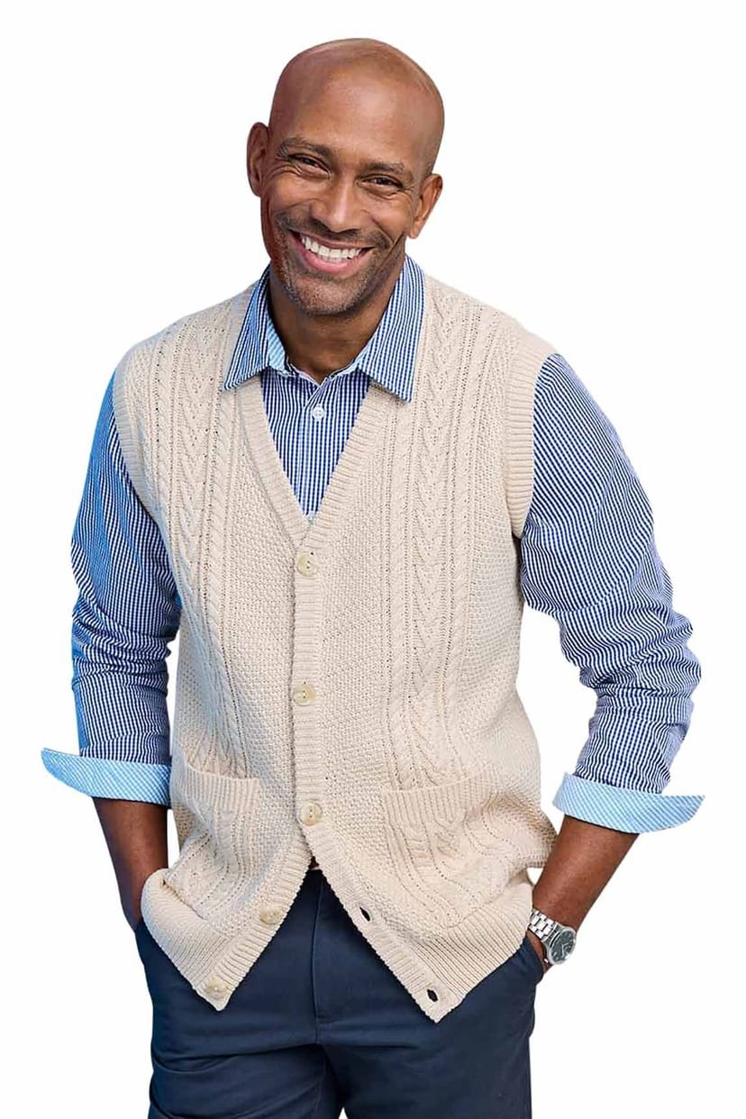 Tootal Tootal Men's Cable Knitted Waistcoat, Chunky Cotton Blend Sleeveless Jumper, Smart in Light Brown - 1