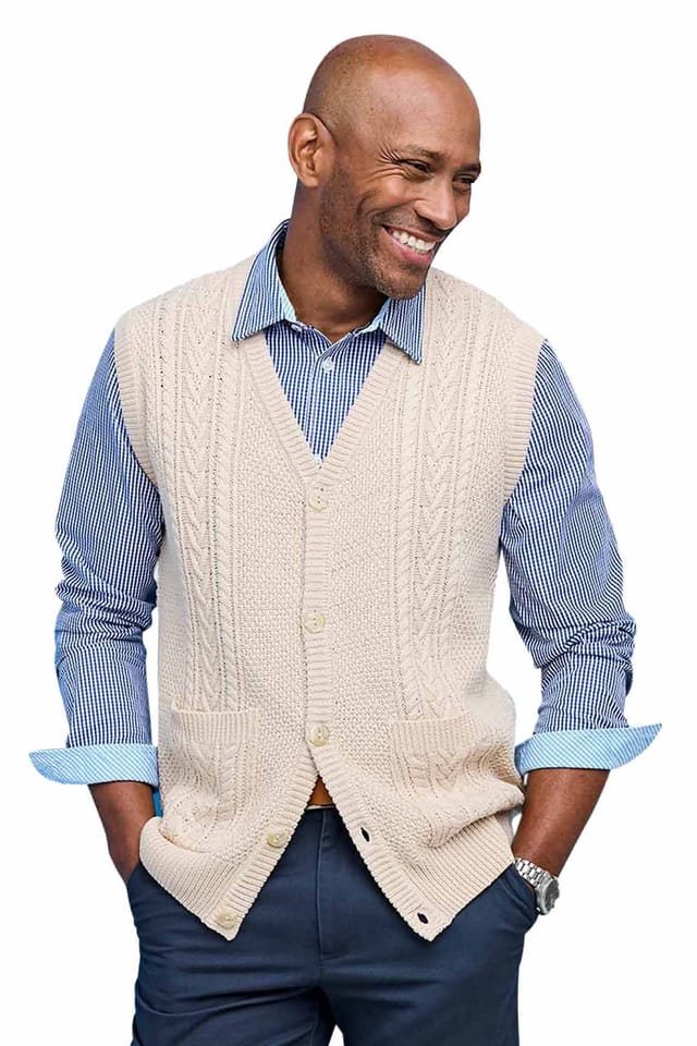 Tootal Tootal Men's Cable Knitted Waistcoat, Chunky Cotton Blend Sleeveless Jumper, Smart in Light Brown - 2