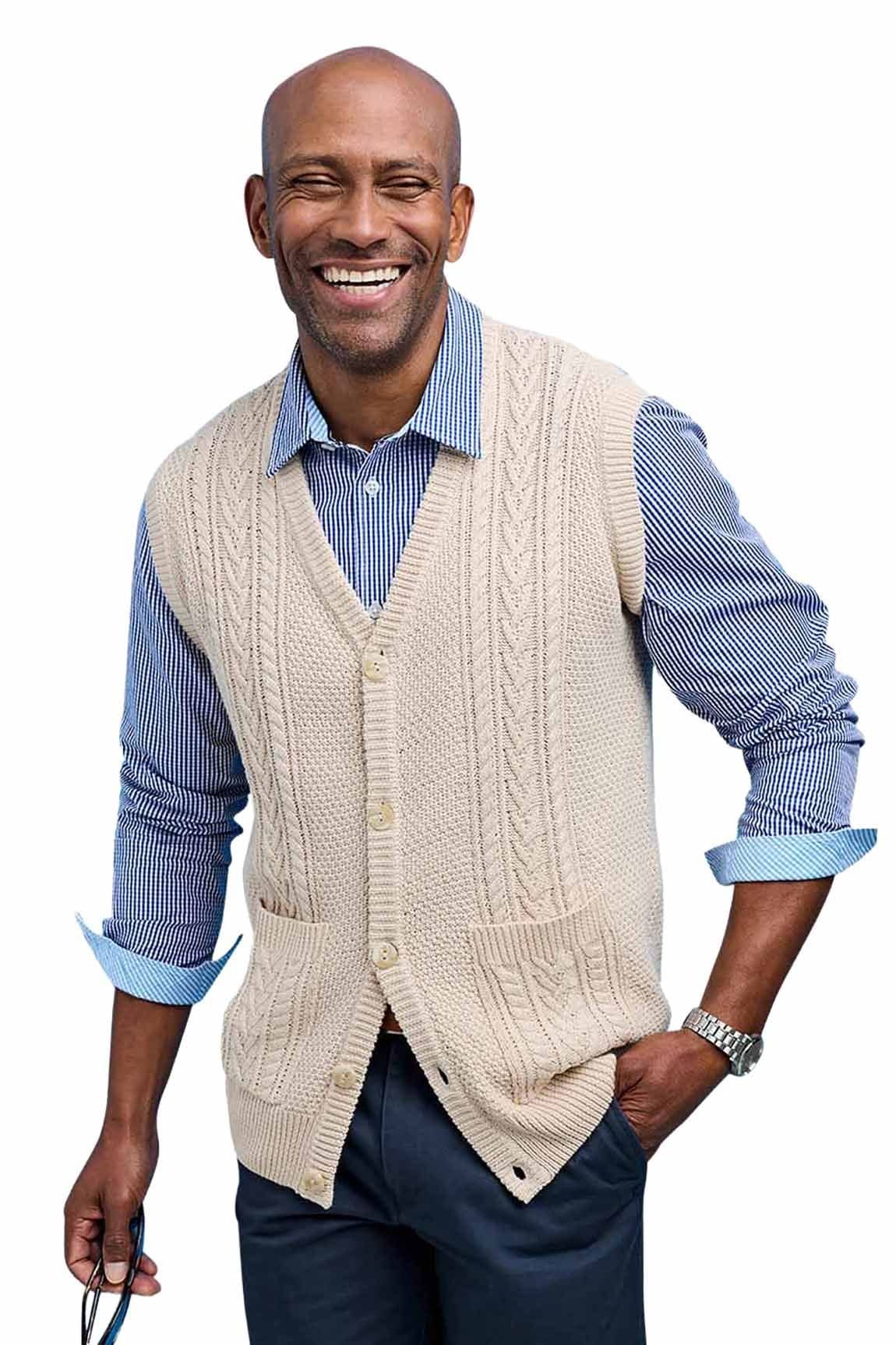 Tootal Tootal Men's Cable Knitted Waistcoat, Chunky Cotton Blend Sleeveless Jumper, Smart in Light Brown - 4
