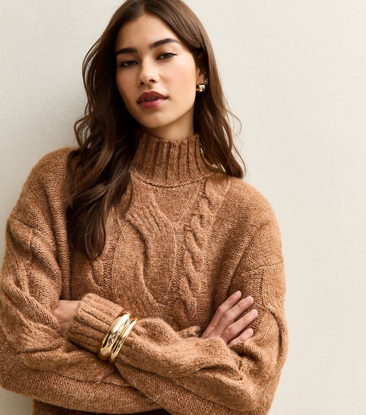New Look New Look Tan Cable Knit Stand Neck Jumper