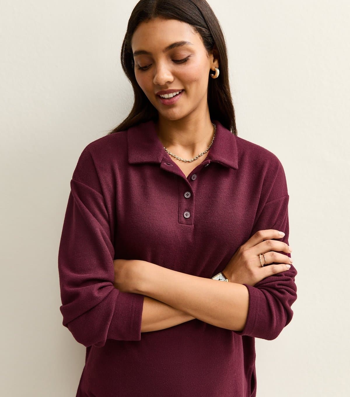 New Look Women's Maternity Burgundy Soft Touch Longline Polo Top New Look
