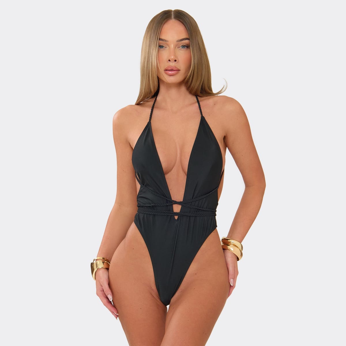 EGO Plunge Neck Plait Detail High Leg Swimsuit In Black., Women's Size UK 6 - 1