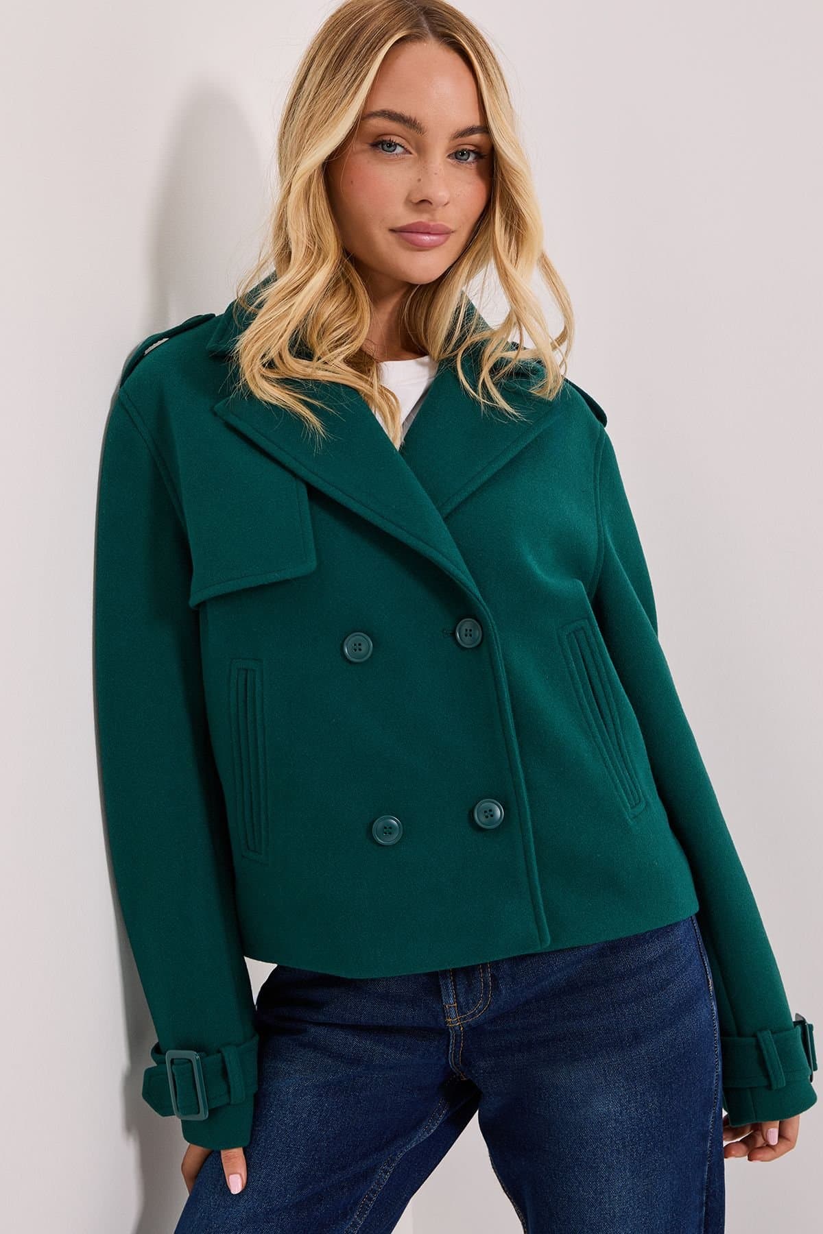 Dorothy Perkins Dorothy Perkins Women's Short Faux Wool Trench Coat in Forest