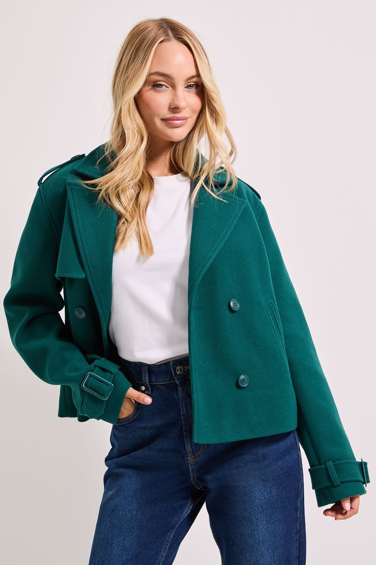 Dorothy Perkins Dorothy Perkins Women's Short Faux Wool Trench Coat in Forest - 4