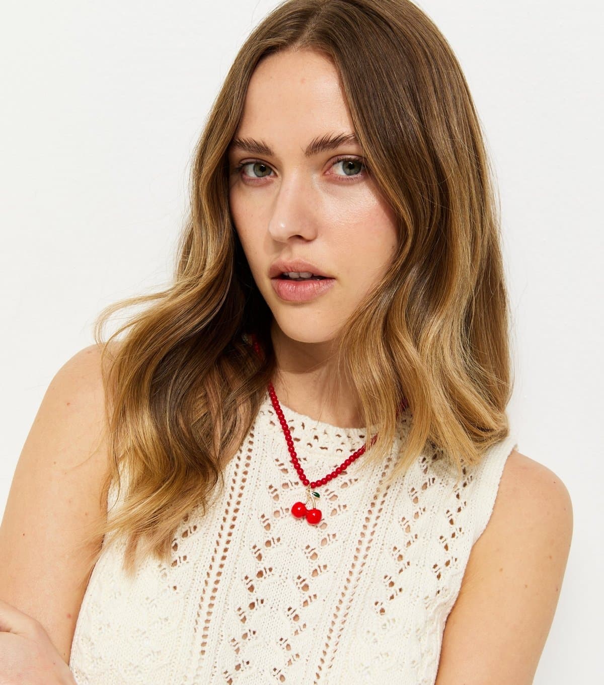 New Look New Look Bright Red Beaded Cherry Pendant Necklace