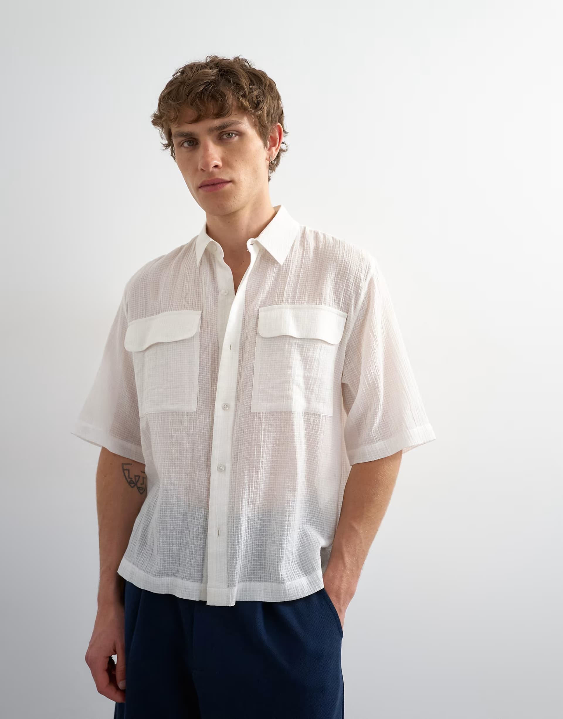 ASOS Topman relaxed fit crop sheer ripstop short sleeve shirt in white