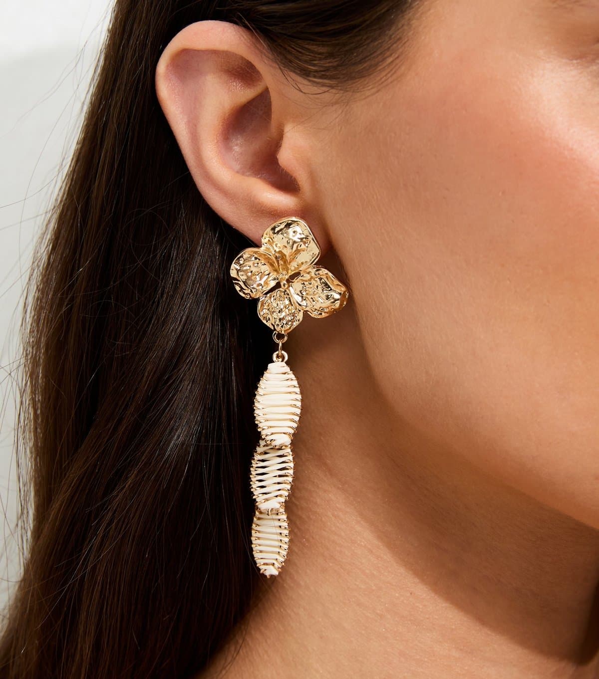 New Look Gold Tone Off White Beaten Flower Drop Earrings New Look