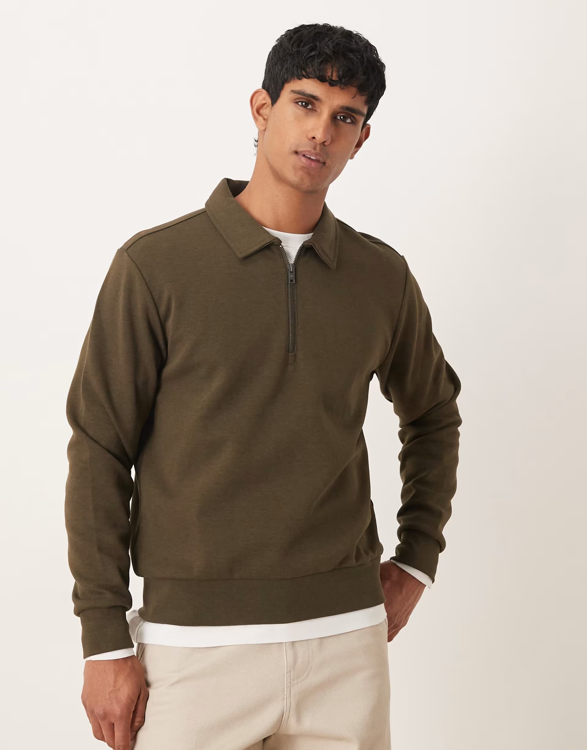 ASOS Mango cotton mix quarter zip top in khaki