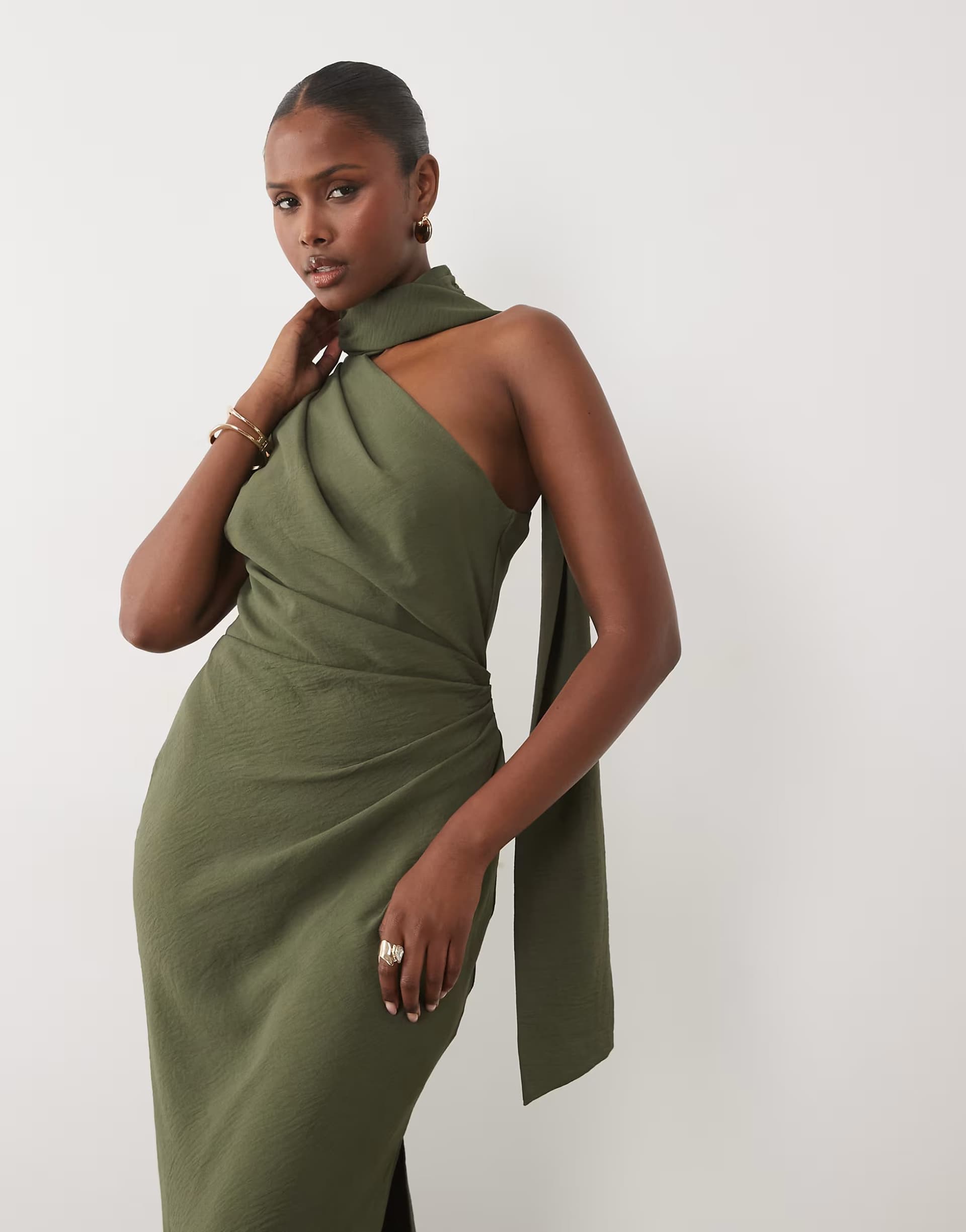 ASOS ASOS DESIGN one shoulder gathered waist maxi dress with scarf in dark khaki