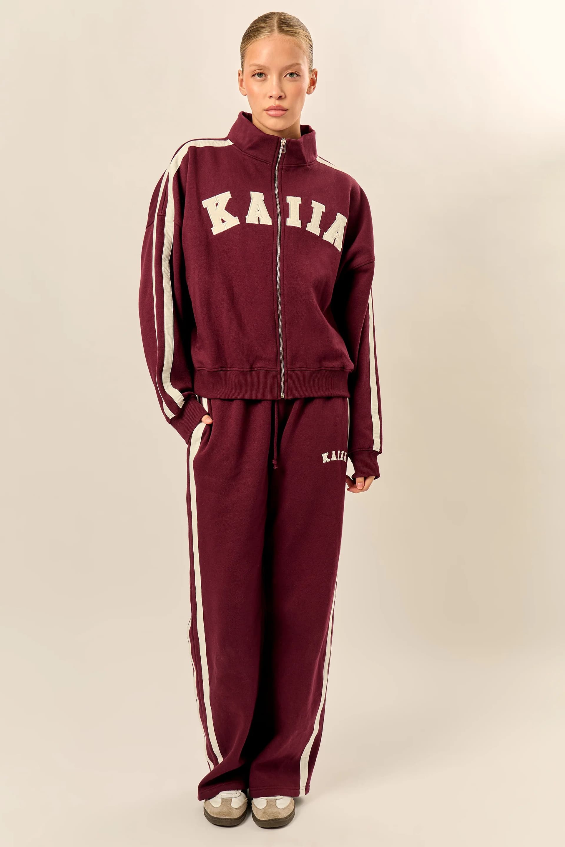 Kaiia Kaiia Sport Stripe Funnel Neck Zip Through Sweatshirt Burgundy & Cream